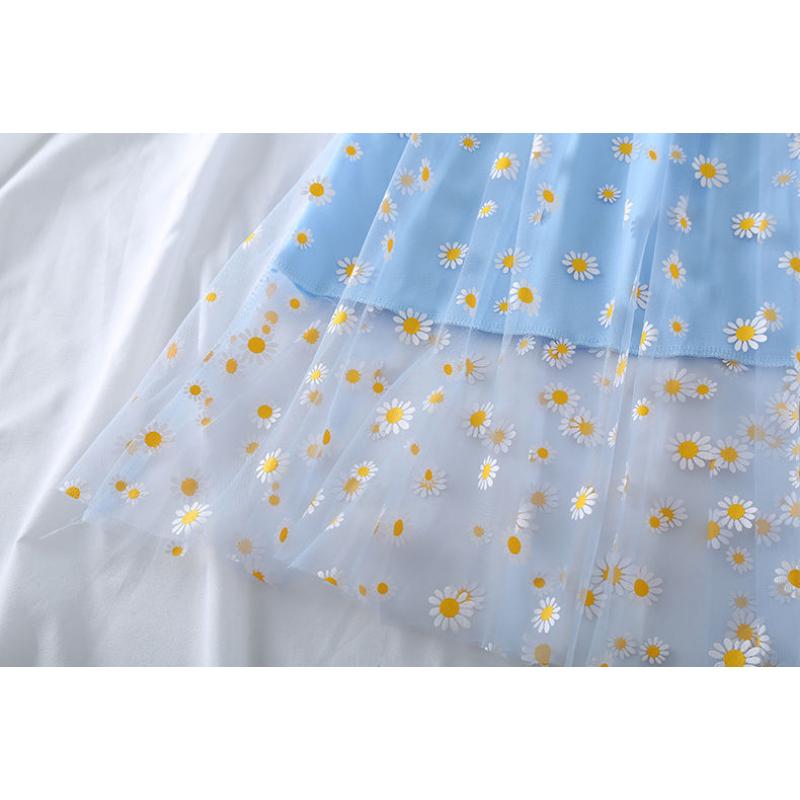 Women's Fashion Daisy Printed Mesh Dress Summer Double Elastic Waist Holiday Suspender Dress Beach Skirt