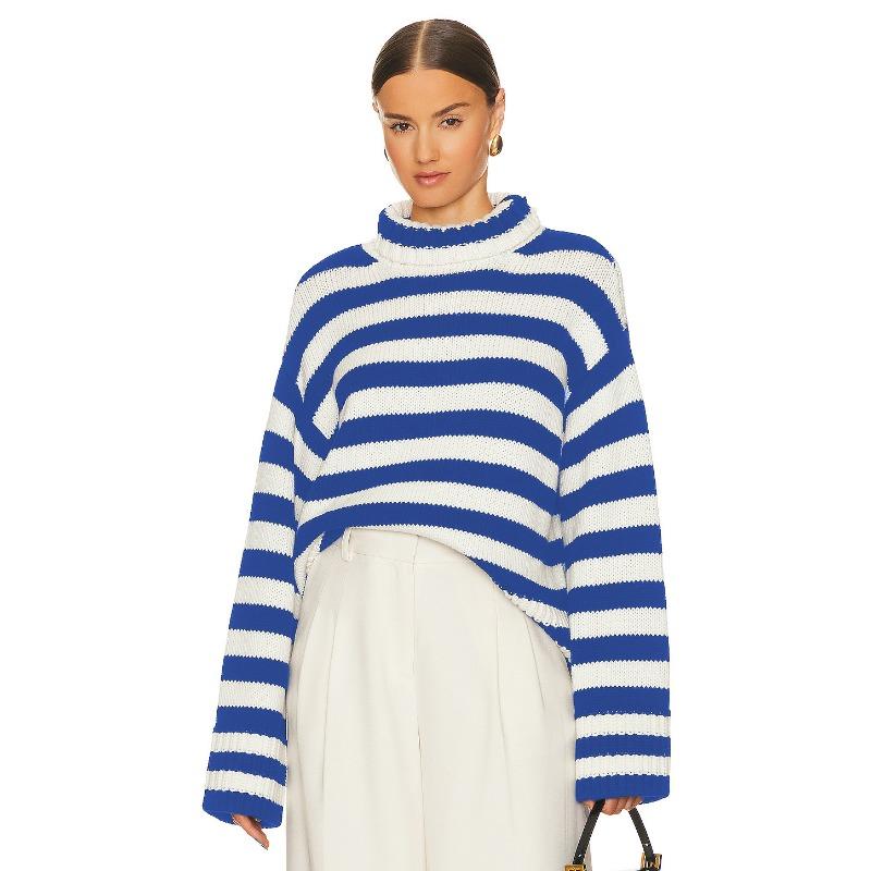 Comfortable Versatile Fashion High Neck Knitted Sweater Female Fall and Winter Loose Striped Long-sleeved Knit Sweater Sweater Coat Female