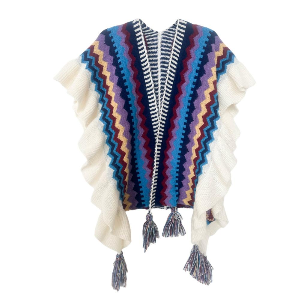 Women's Fashion Spring Autumn Winter Pashmina Ethnic Style Tassel Cape Colorful Knitted Split Shawl