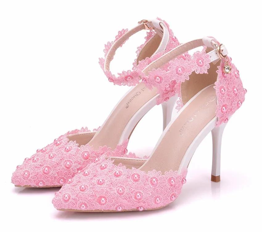 Fashion Wedding Shoes Bride White Wedding Shoes Female High Heels Ankle Strap Pumps Women's Shoes Rhinestone Lace High Heels Party Shoe