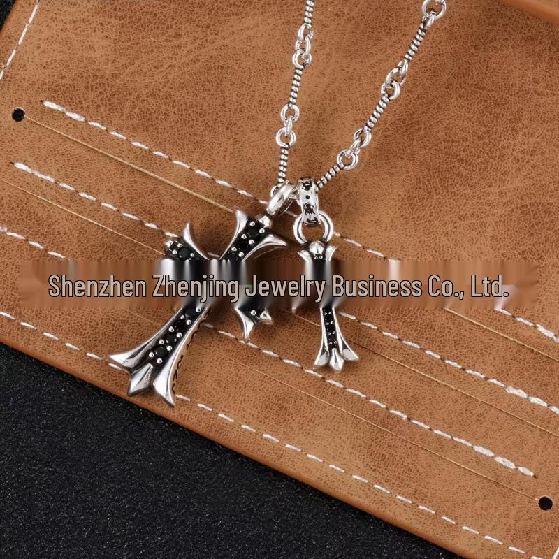 V Gold High Edition Double Cross Necklace with 18K Gold Plating & Multi-Color Diamond Pendant