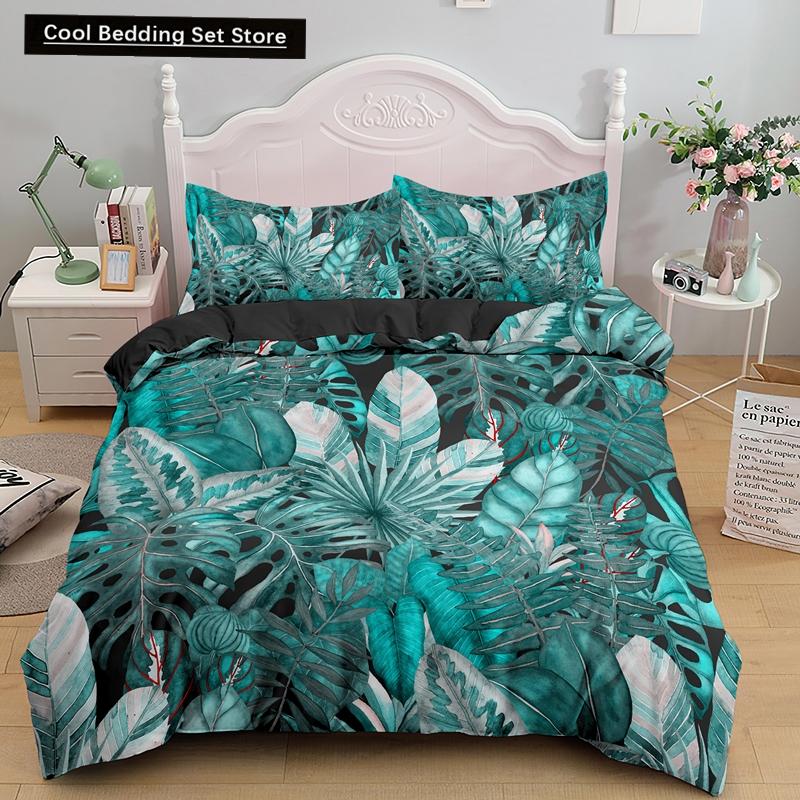 Příroda Tropické Zelené Listy Král Královna Ložní Souprava Deštný Prales Džungle Rostlina Povlak na Přikrývku 3D Botanický Polyesterový Povlak na Peřinu