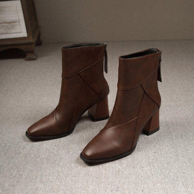 Genuine Leather Chunky Heel Patchwork Short Boots for Women - Autumn/Winter Style with Back Zipper and Frosted Finish