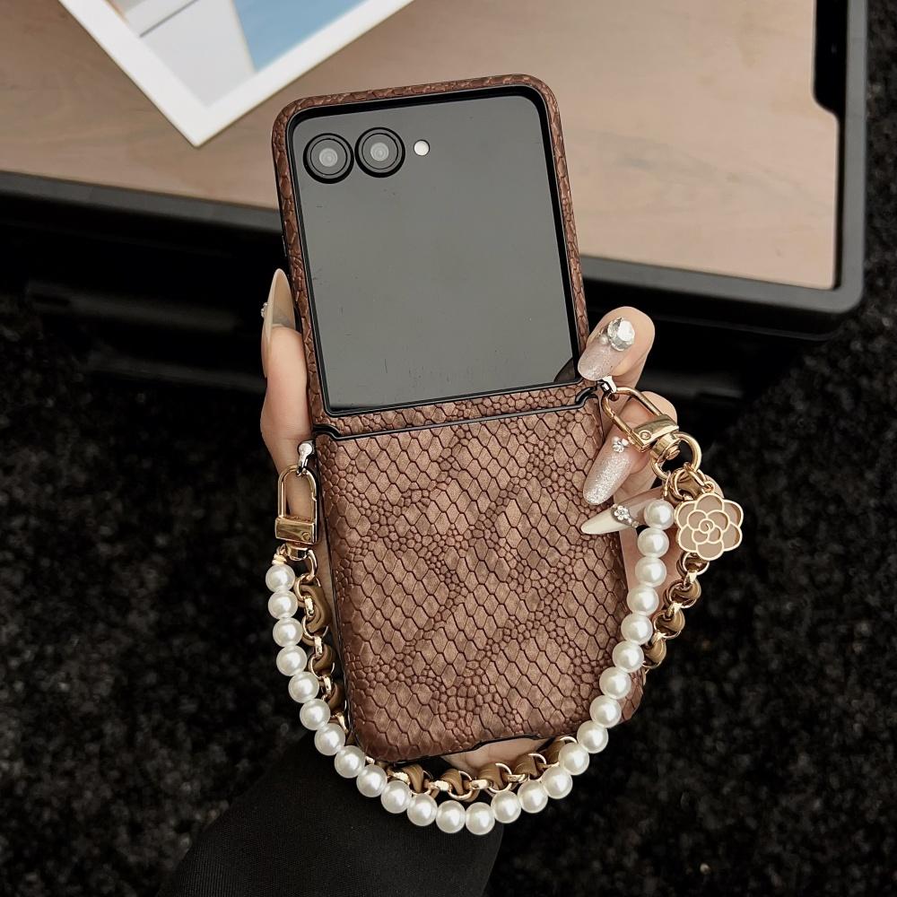 Women Girl's Leather Case For Samsung Z Flip 7 6 5 4 Snake Pattern Pearl Bracelet Lanyard Cover for Samsung Galaxy ZFlip7