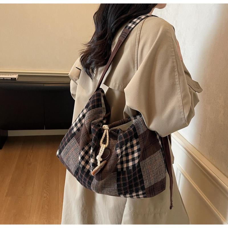 Fashi Plaid Texture Shoulder Bag Autumn Winter Wool Large Capacity Crossbody Bag Retro Lazy Style Lightweight Storage Bag