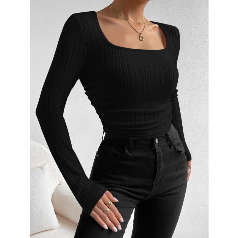 Slim Pleated Short Sleeved Long Sleeved Top Autumn Square Neck Fashionable T-Shirts Women’s