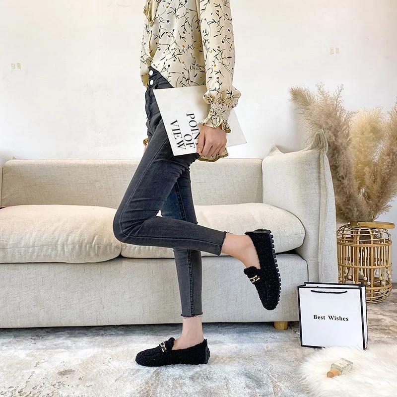 Luxuriöse mit Schaffell gefütterte Loafer Damen Lammwollschuhe Damen Winter Slipper Fellige Flats Baumwolle Wolle Mocasine Femme Barfußstiefel