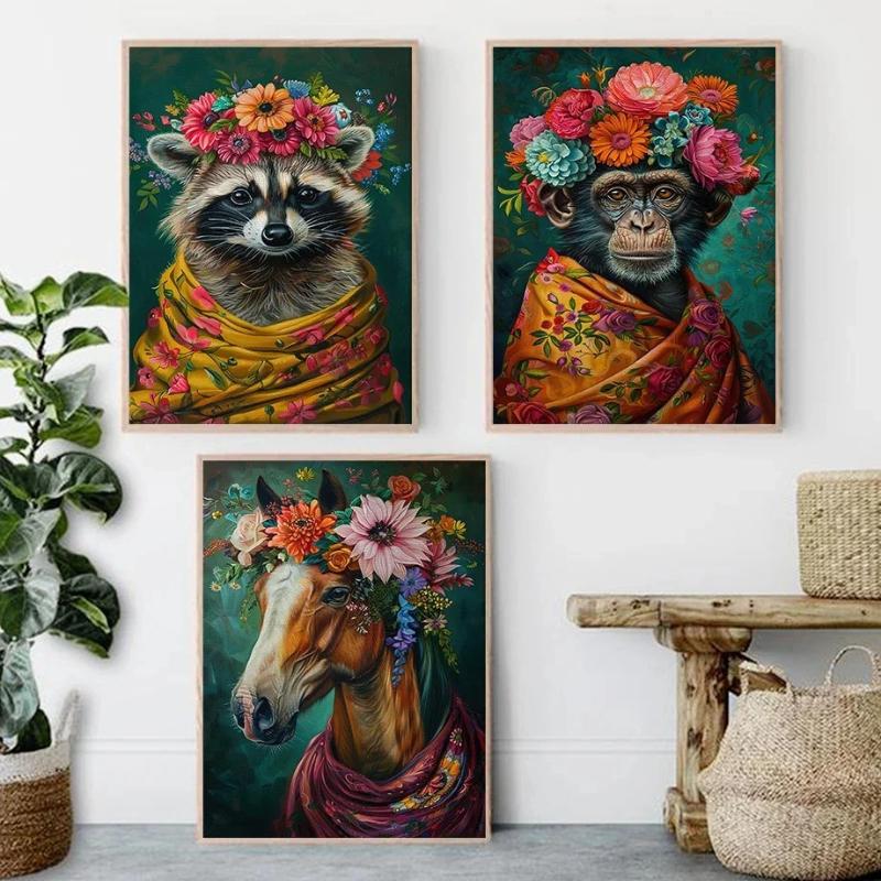 Vintage Maximalist Floral Wild Animal Canvas Painting Lion Owl Peacock Wolf Flower Poster Print Wall Art Picture Home Decor