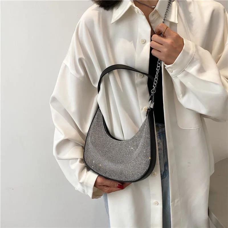 Women's Vintage Single Shoulder Bag Solid Color Casual Messenger Bag Elegant Versatile Handbag Inlaid Diamond Underarm Bag