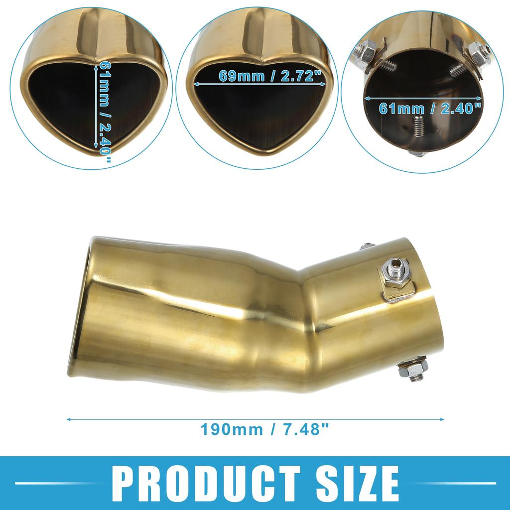 ABSOPRO Auto Zakřivená koncovka výfuku 61mm 69x61mm 190mm Tlumič Nerezová zlatavá Tvar srdce Koncovka, Vstup, Výstup, Délka, Šroubovací koncovka, Ocel,