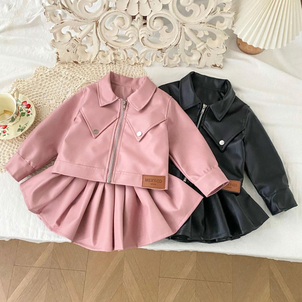 Girls' Autumn PU Leather Biker Outfit: Korean-Style Jacket & Pleated Skirt Set