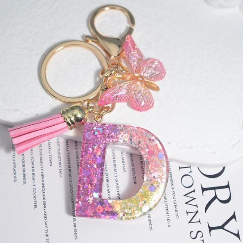 Fashion 26 English A-Z Initial Letter Resin Keychain Cute Butterfly Tassel Keyring Backpack Charm Pendent Accessories Gift