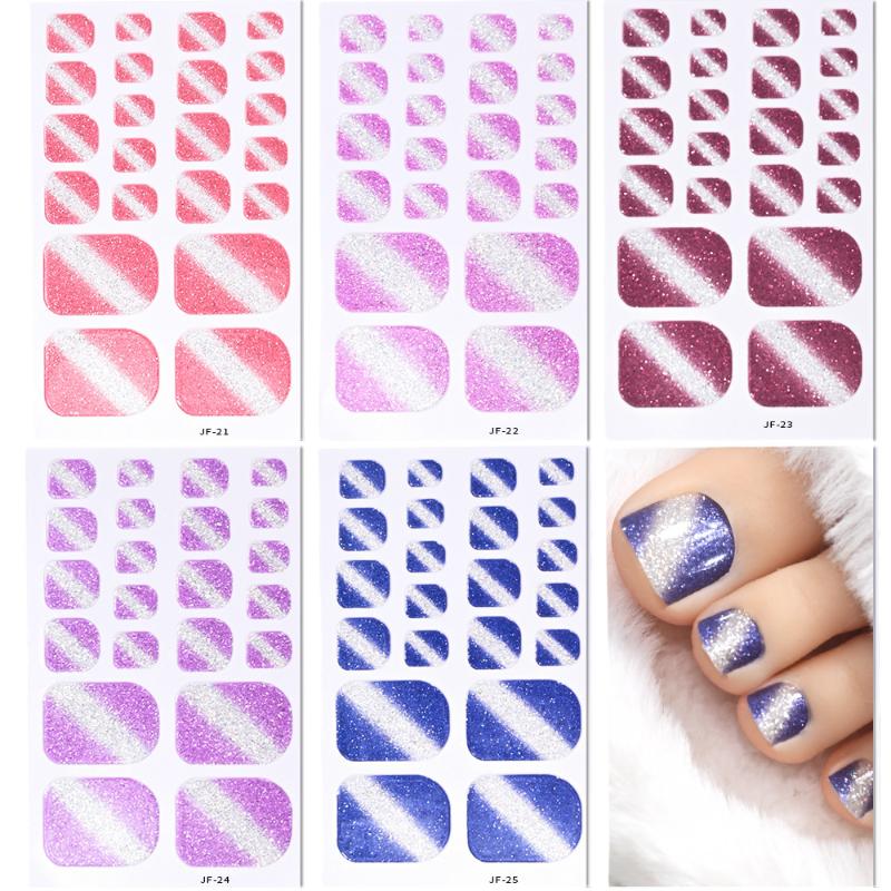 22Pcs/Sheet Toe Nail Sticker Wraps Baking Free Simple Solid Color Glitter Full Cover Toenail Polish Strips Waterproof