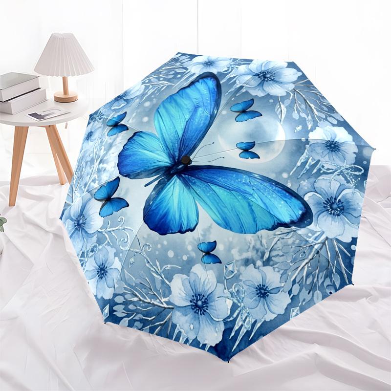 1pc Blue Butterfly Winter Flowers Umbrella with Plastic Handle,Compact & Stylish,Suitable for All Seasons YS331098