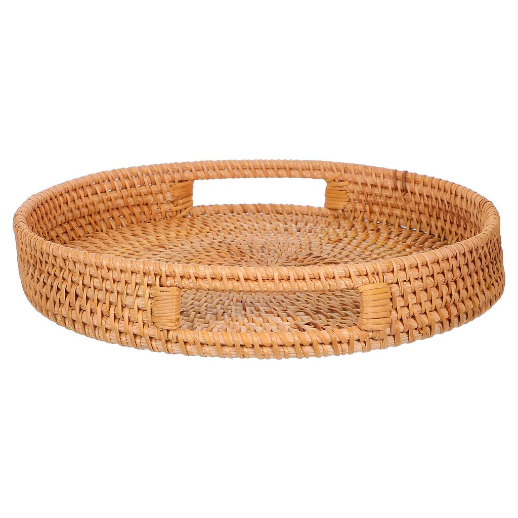 Round Rattan Tray 14-Inch Woven Fruit Bowl Hollow Handle Design Natural Material Kitchen Dining Table Round Tray with Sides