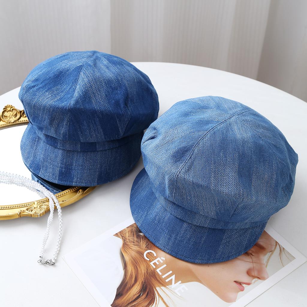 New Make Old Denim Cap Women's Casual Short Brim Shade Octagonal Beret Retro Versatile Newsboy Hat