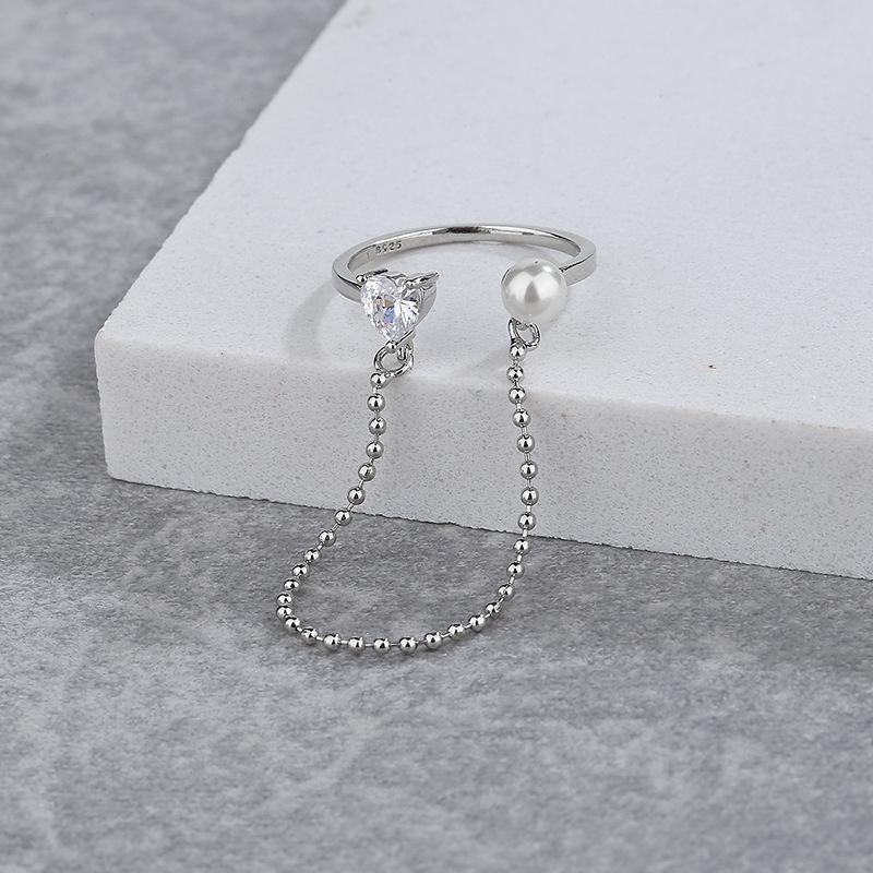 Pearl Love Zircon Open Ring Light Luxury Niche Xiaohongshu Fringed Chain Index Finger Ring