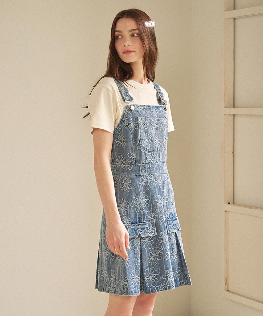 Micene Chicory Pleated Overall Denim Mini Dress