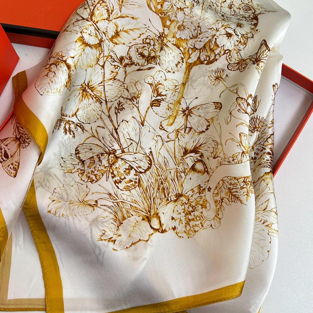 Early Spring Mulberry Silk Scarf British Yellow Butterfly Versatile Foreign Silk Printing Temperament Chinese Square Scarf Woman