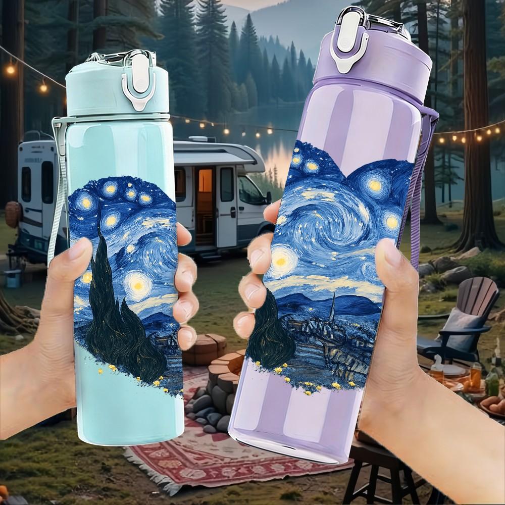1PC Starry Night Heart Art 750ml Color Plastic Sports Water Bottle Leakproof Flip Straw Lid Suitable for Sports Office Home Use