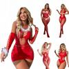 Christmas Costumes Women Lace Hollow Out Erotic BabyDoll Dress Bodysuits Underwear Sexy Open Crotchless Lingerie Set