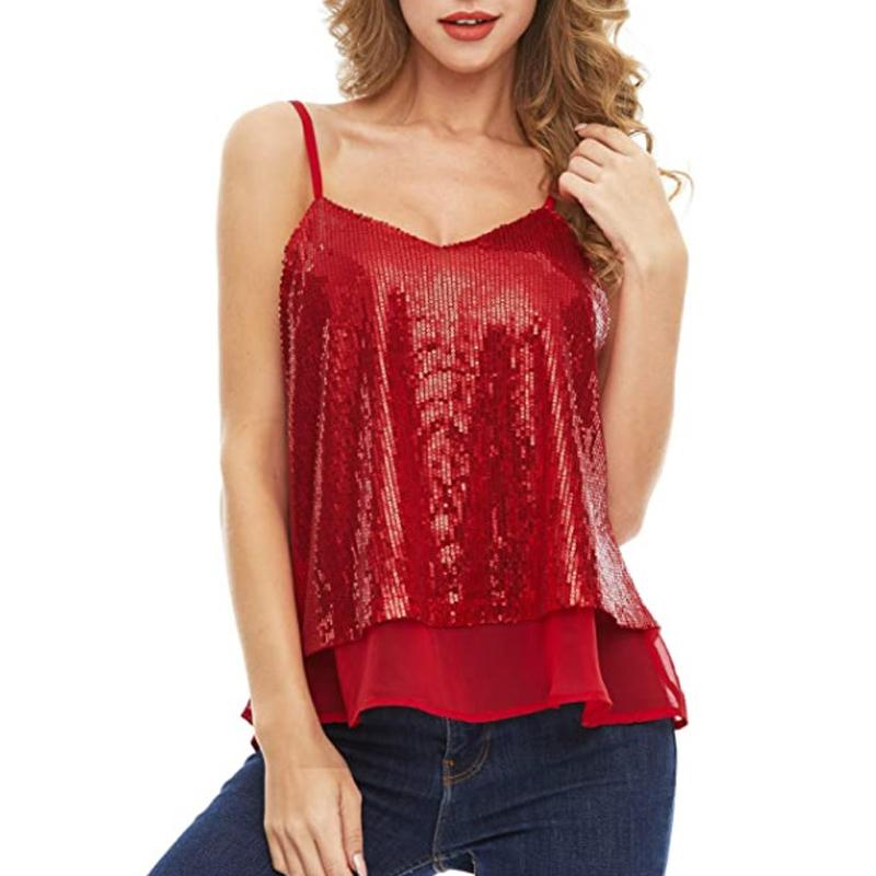 

Новая мода, сексуальный жилет, женские топы с блестками, рубашка, женские топы без рукавов с v-образным вырезом, летние женские футболки, уличная одежда, праздничная одежда XL красный