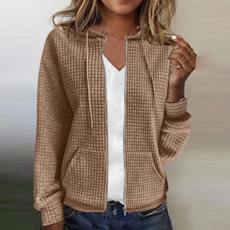 Long Sleeved Hooded Cardigan Jacket Women Solid Color Zipper Sweatshirt S хаки
