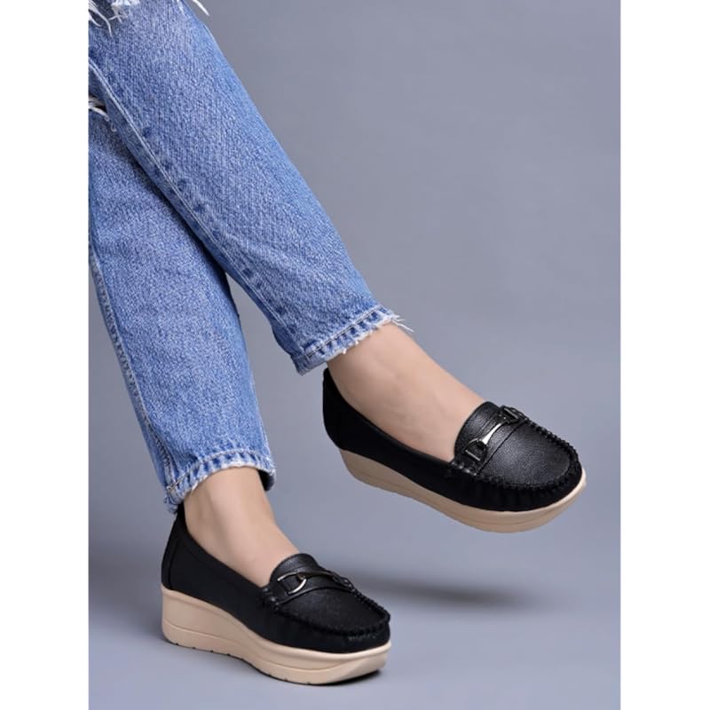Shoetopai Women'S Black Comfort Loafers Soft Faux Leather Slip-On Shoes With Cushioned Sole, Casual Footwear Eu39