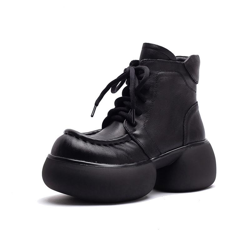 Johnature Botines cortos de felpa de estilo británico retro de cuero genuino con suela gruesa, zapatos de plataforma versátiles para mujer