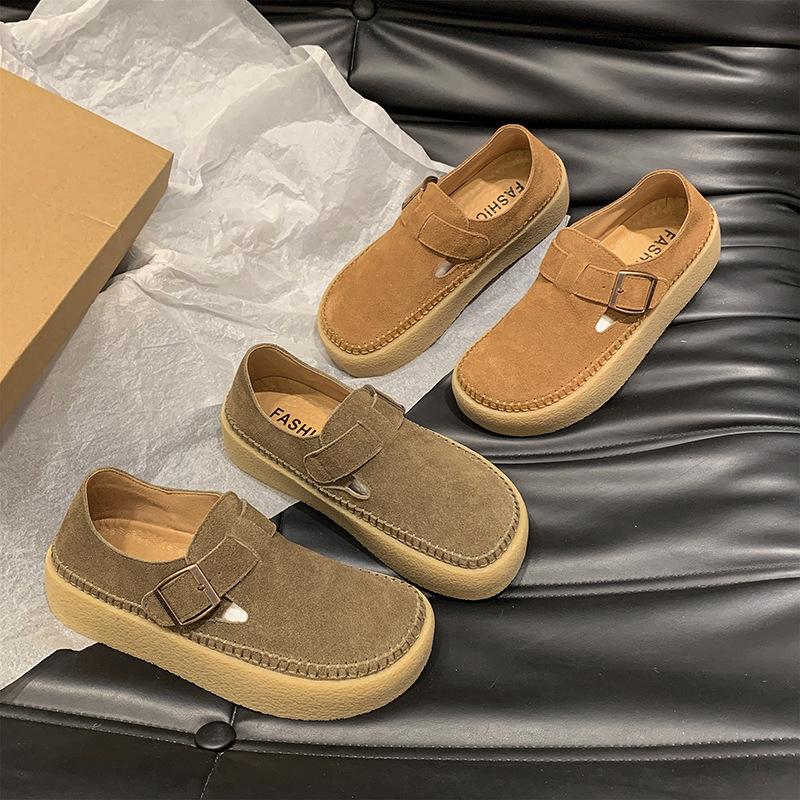 Soft leather large size shoes women's platform lazy shoes autumn new big head retro Mori Doudou shoes