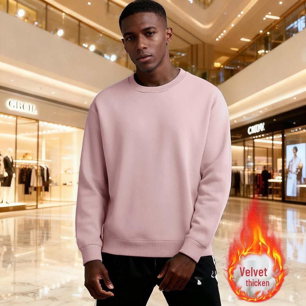 Men s Fleece-Lined Thick Sweatshirt - Round Neck, Warm Winter Layer, Solid Color, European & American Style M (85-110 lbs)