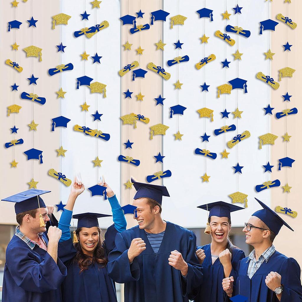 Pinkblume Navy Blue Gold Graduation Hat Diploma Star Garland Banner Bunting Streamer Backdrop for Graduation Party Supplies Classroom Middle High