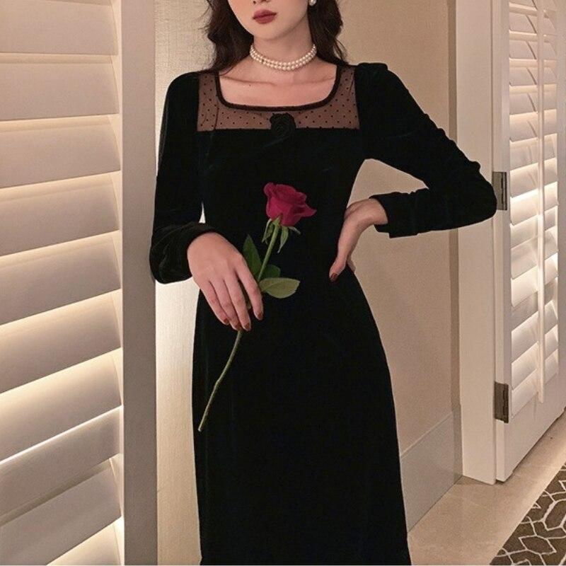 Buy Vintage One Piece Dress Korean Long Sleeve Black Velvet Dress Office Lady 21 Winter Lace Slim Midi Dress Women Party Design At Affordable Prices Free Shipping Real Reviews With Photos Joom