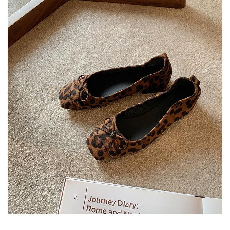 Super soft lambskin leopard print genuine leather Mary Jane single shoes women's French bow ballet style flat shoes soft-soled ladyshoes