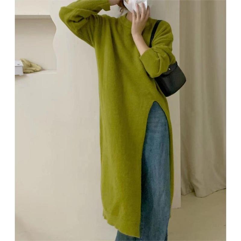 

Ленивое платье с разрезом сбоку, осеннее новое, свободного кроя, пуловерного дизайна, трикотажный свитер длиной до колена One size