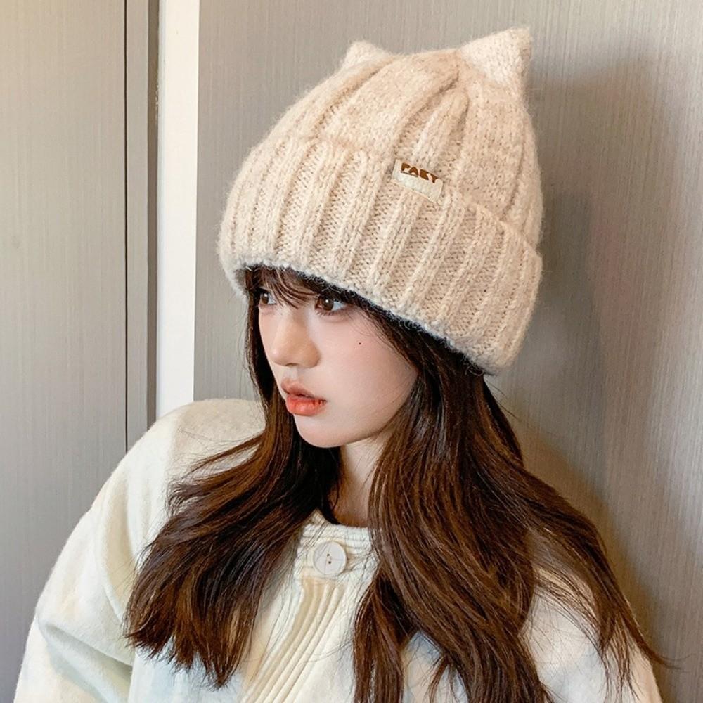 Windproof Knitted Pullover Hat Wool Women Beanie Hats Cute Cat Ears Hat  Female