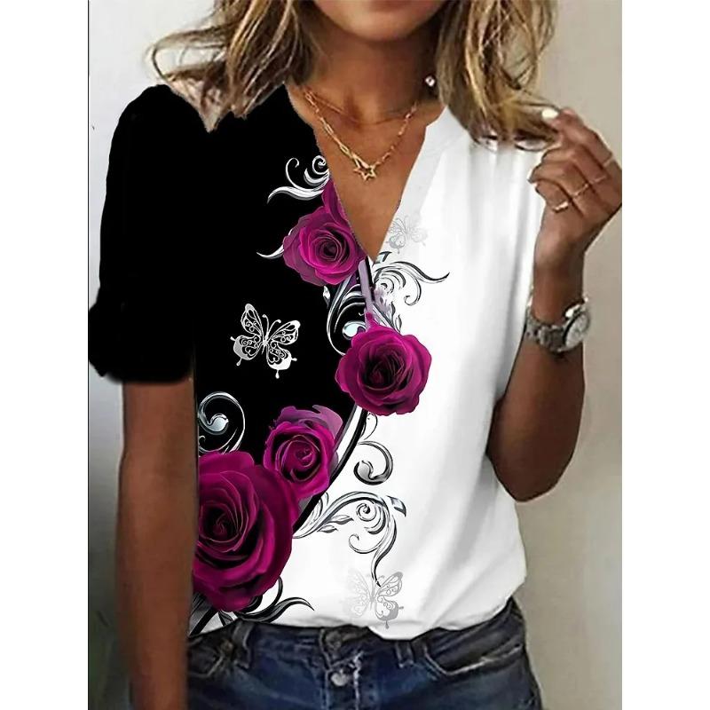 

Women s Abstract Flower Painting T-shirt Summer Casual Printed V-neck 6XL