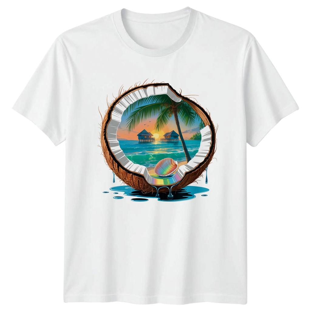 Coconut Tropical Beach Vacation Mens T-Shirt Womens Tee Island Sunset Graphic