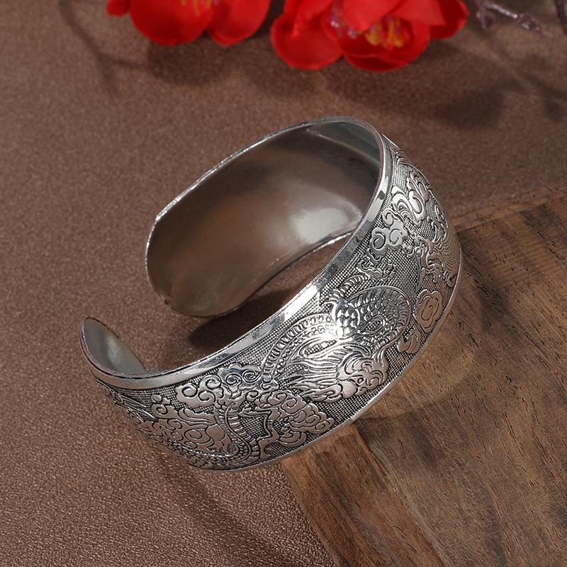 Ancient Silver Tibetan Decoration Engraved Opening Bracelet, Ethnic Style Retro Wide Bracelet, Bracelet