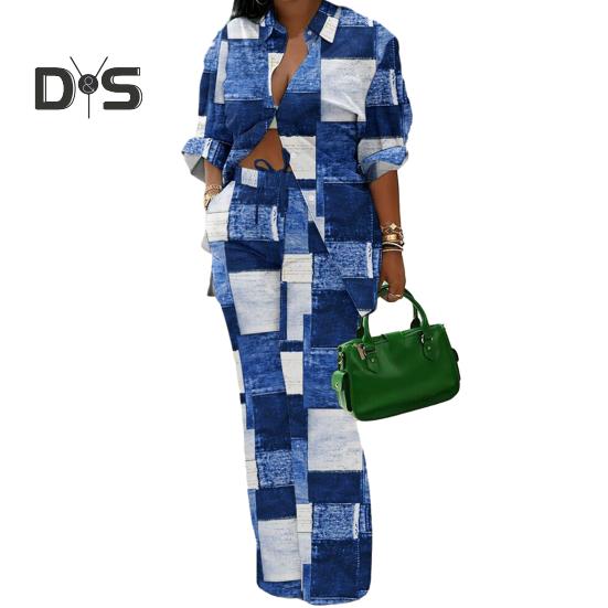 

2 шт./компл., женская рубашка, брюки, костюм с отложным воротником и длинными рукавами, повседневный свободный топ с принтом, эластичный шнурок, комплект широких брюк XL синий