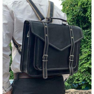 Vintage Black Leather Messenger Satchel Briefcase Shoulder Office Bag Backpack
