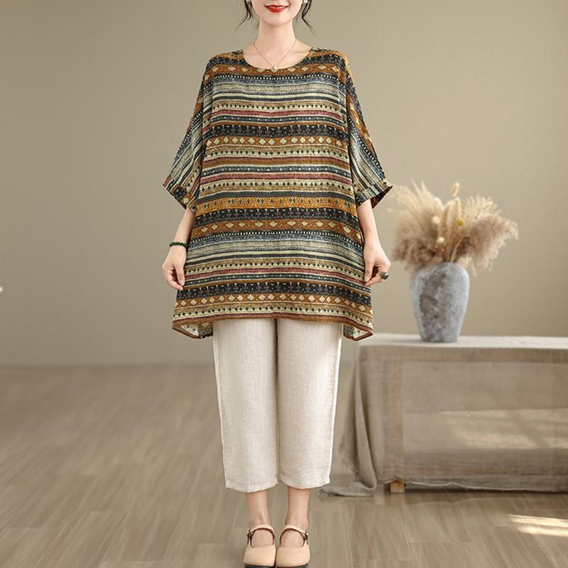 Oversized Vintage Stripe Floral Casual Loose Long T Shirt Tops Women Summer T-shirt