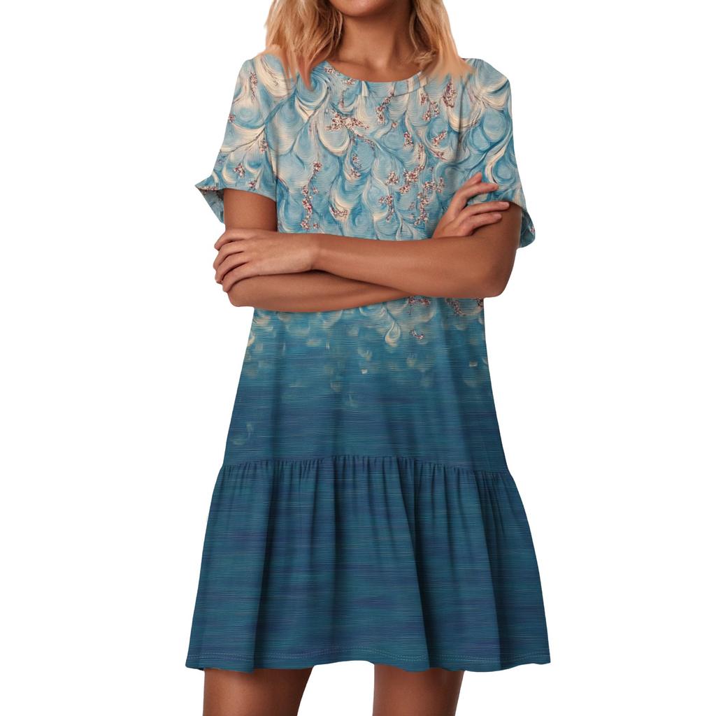 Women's Fashion Casual Round Neck Short Sleeve Ruffled Vintage Printed Dresses