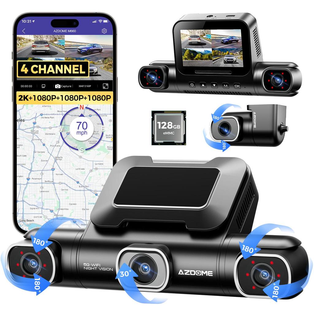 AZDOME 4 kamera Dash Cam 360 graders visning DVR med 128 GB EMMC, 4K foran bak innvendig med GPS WiFi, parkeringsmonitor