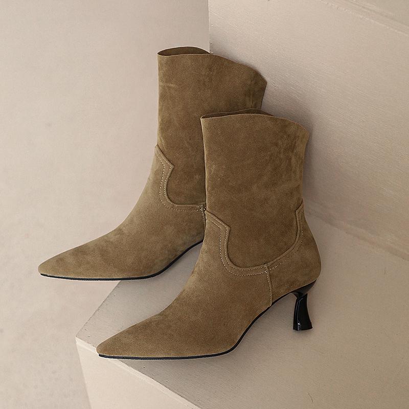 Women's high-heeled short boots spring and autumn pointed-toed thin-heeled simple large-size short boots