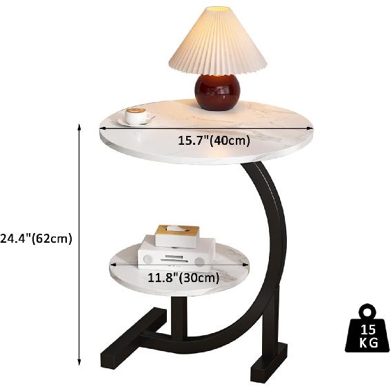 2 Tier End Table, C Shaped Side Table with Metal Frame, Small Coffee Table with Storage, Round Sofa Table for Living Room, Bedside Table for Bedroom,