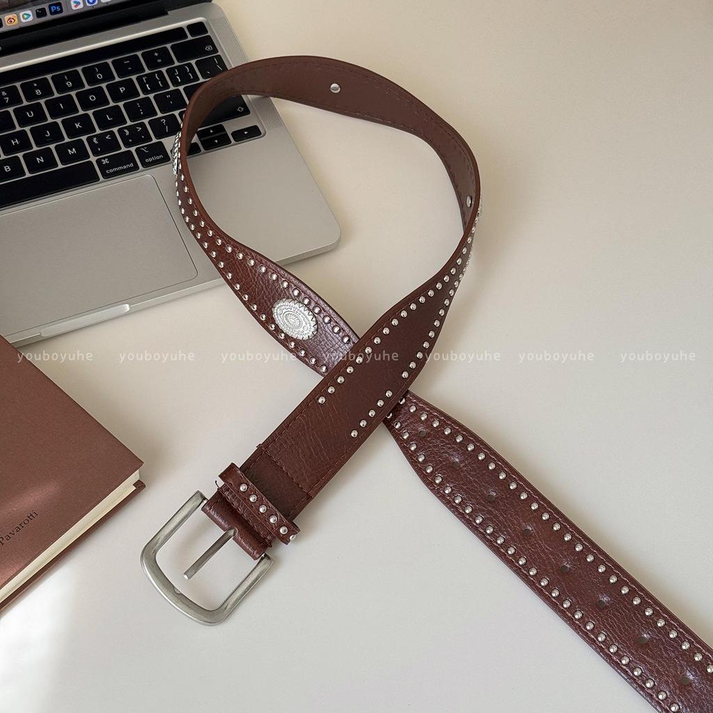 Brown Retro Punk Wide Waist Belt with Rivet Buckle - Women's High-End Dress Accessory