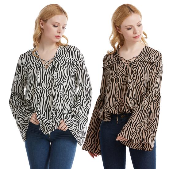 

Женская полосатая рубашка с длинным широким рукавом на шнуровке, повседневная свободная блузка с верхом