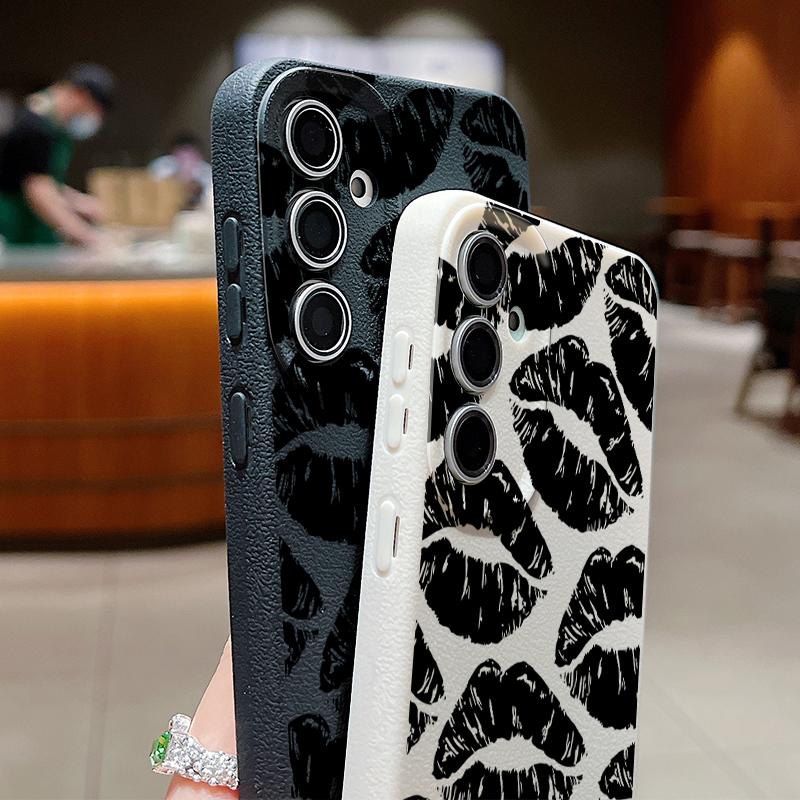 Black Lip Print Leather Texture TPU Case For Samsung Galaxy S24 FE S23 S22 Ultra A16 A55 A15 A54 A35 A25 A14 5G Soft Phone Cover