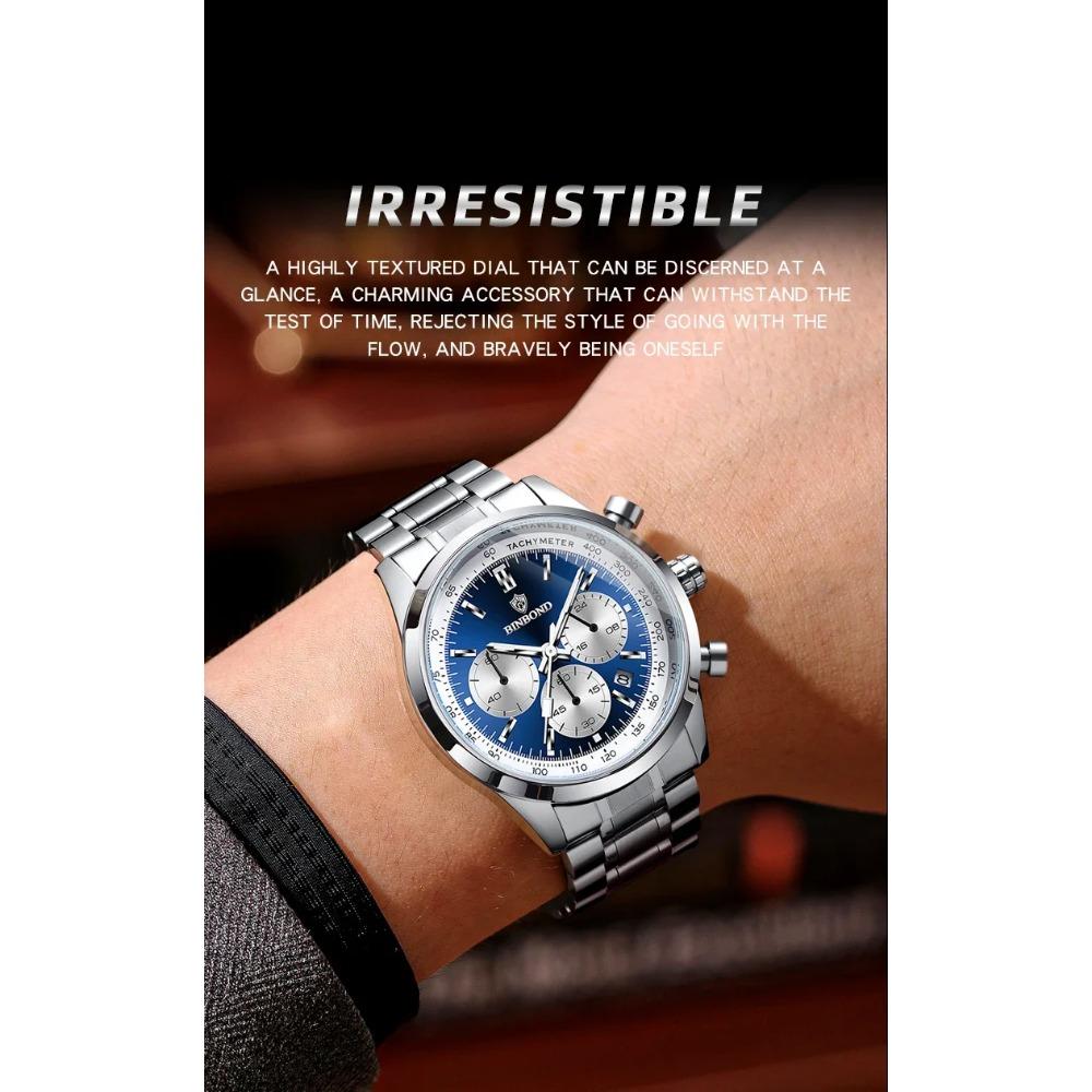 BINBOND Top Brand Luxury Man Watches Waterproof Luminous Date Chronograph Men's Quartz Watch Stainless Steel Sports Watch